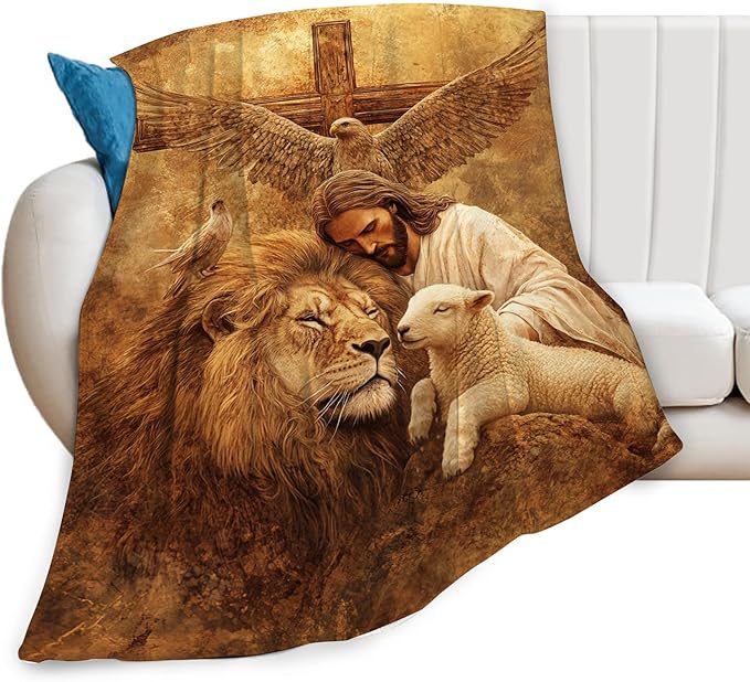 Jesus Blanket Lion Lamb Throws Christian Cross Print Plush Fuzzy Fleece Blankets Gifts for Girls Boys Women Super Soft Warm Cozy God Eagle Stuff for Men Women Couch Bed Sofa Bedding Decor 80"x60"
