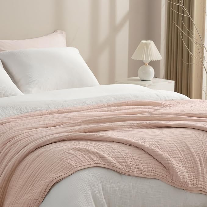 PHF Cooling Muslin Blanket King Size 104"x80", 6-Layer Lightweight Gauze Blanket Made from 35% Rayon Derived from Bamboo & 65% Cotton, Breathable & Ultra Soft Cozy, Aesthetic Home Decor, Cameo Rose