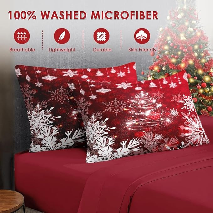 7 Pcs King Size Christmas Comforter Set with 2 Pillowcases & 2 Shams, Red Glitter Xmas Tree Bedding for Kids and Adults, White Elegant Snowflake Bed in a Bag with Flat Fitted Sheet
