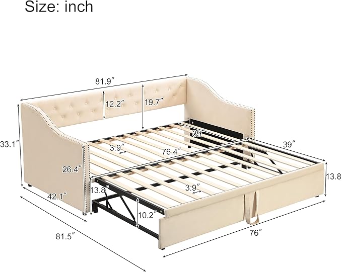 Merax Twin Size Upholstered Velvet Daybed with Pop Up Trundle, Multi-Functional Sofa Bed with Backrest and Two Armrest for Kids Room, Guest Room, Living Room, Beige