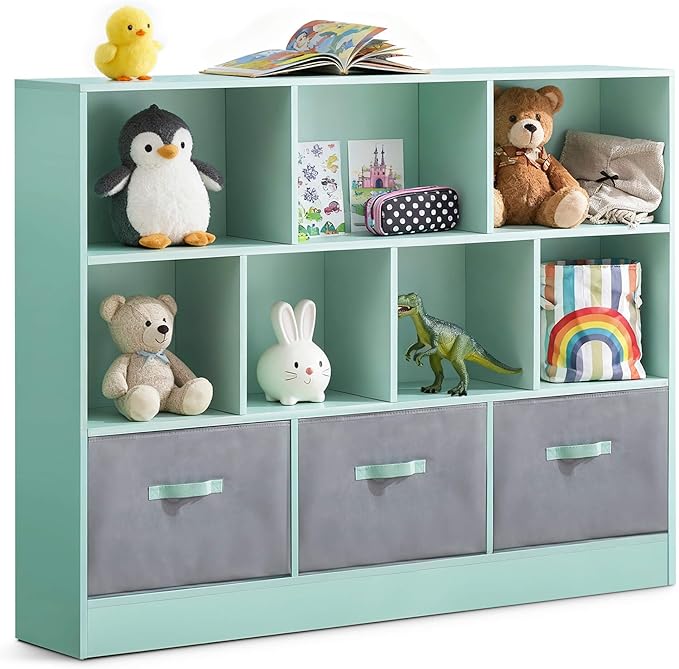 ivinta Toy Storage Organizer for Kids, 10-Cube Wooden Storage Cabinet with Collapsible Fabric Drawers for Children, 3-Tier Bookshelf for Playroom Nursery Bedroom Living Room (Green)
