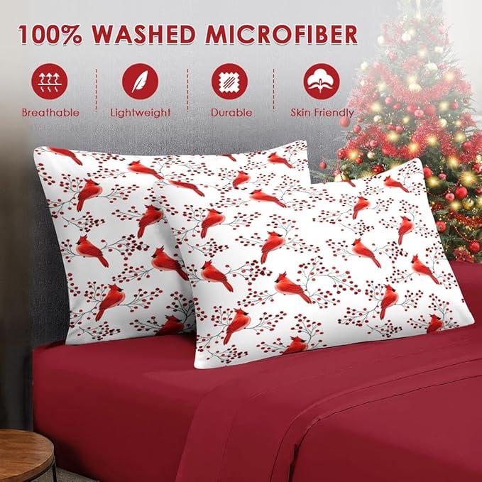 7 Pcs Queen Size Christmas Comforter Set with 2 Pillowcases & 2 Shams, Winter Cardinal Bird Bedding for Kids and Adults, Berries Branches Bed in a Bag with Flat Fitted Sheet