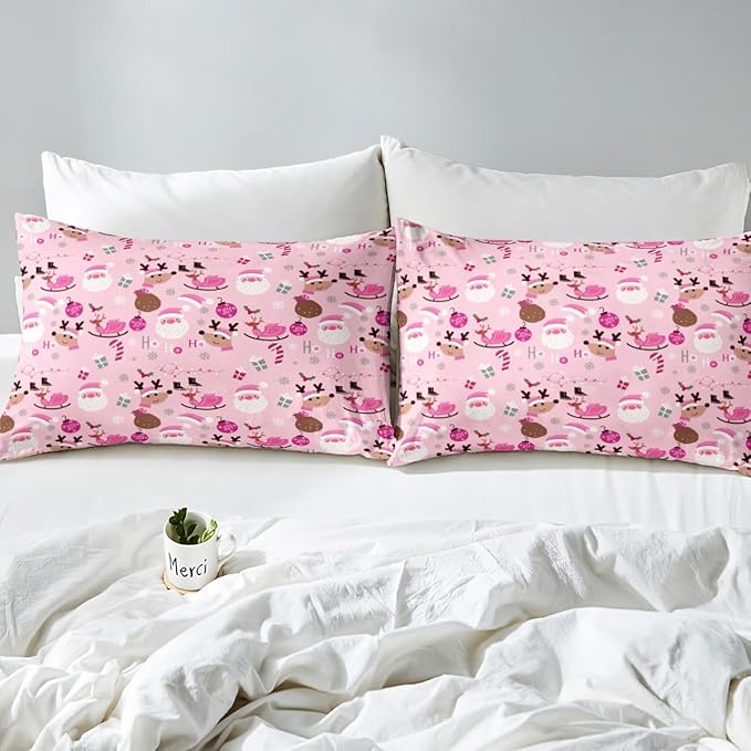 Manfei Christmas Duvet Cover Set Twin Size, Santa Claus and Reindeer Comforter Cover with 1 Pillowcase, New Year Pink Bedding Set 2pcs for Kids Girls Adult Lightweight Bedspread Cover,No Comforter