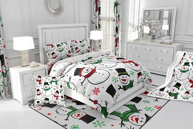 Feelyou Christmas Comforter Set All Season Snowman Bedding Set with 1 Pillow Cases Snowflake Microfiber Kids Toddler Bedclothes Bedroom Decor Duvet Quilt Breathable Soft Lightweight