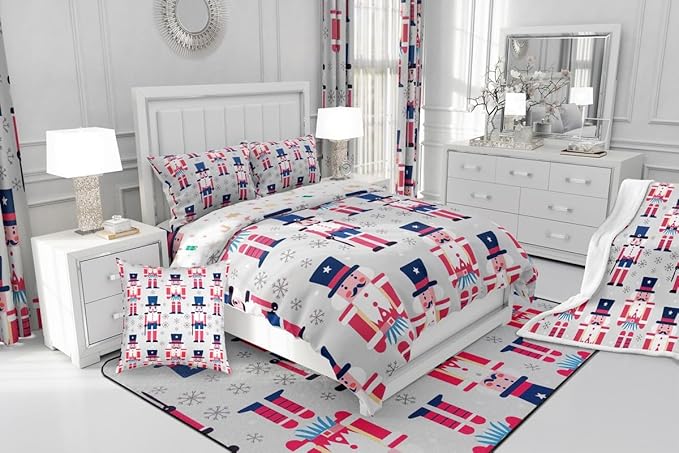 Feelyou Cute Nutcracker Comforter Set King Size Christmas Ornaments Bedding Set for Kids Boys Girls Xmas Snowflake Duvet Quilt Soldier Bedroom Decor Kawaii Microfiber 3 Pcs with 2 Pillow Cases