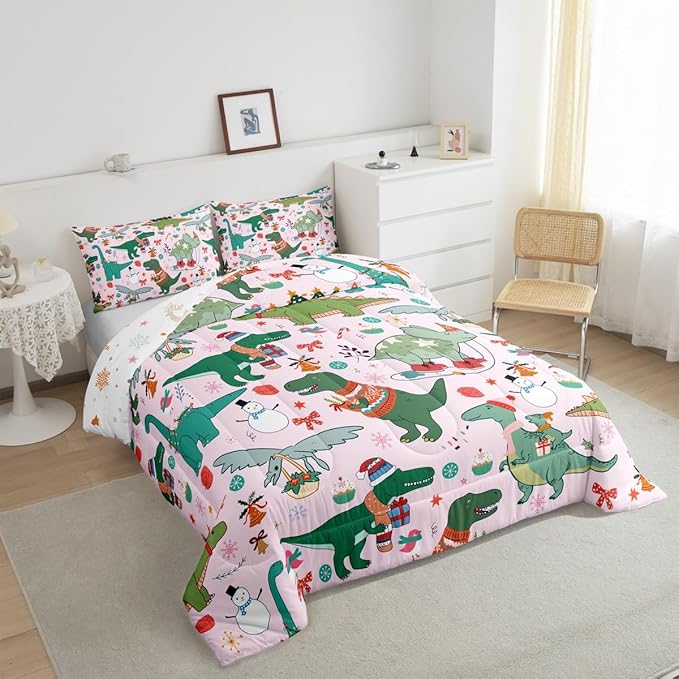 Feelyou Christmas Pink Comforter Set Full Size for Kids Boys Girls Cartoon Xmas Dinosaur Bedding Set Snowman New Year Decorations Bedroom Quilt Set