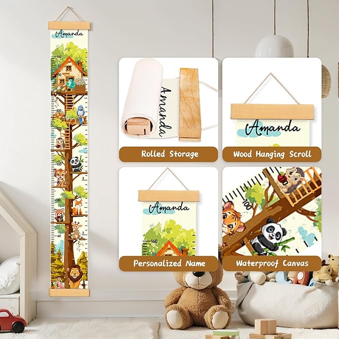 Personalized Name Height Chart for Kids, Kids Growth Chart for Wall, 59" X 7.9" Canvas Removable Height Chart Measuring Ruler for Kids & Baby(Painted Tree House）