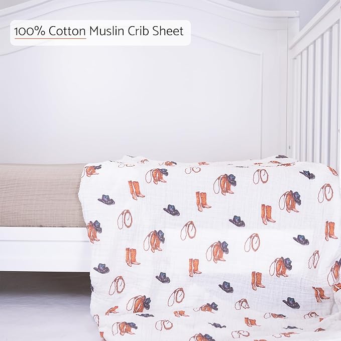 LollyBanks Baby Crib Sheets 2 Pack, 100% Cotton Muslin Breathable Fitted Crib Sheet for Boys, Soft and Snug Baby Bed Sheets for Standard 52"x28" Mattress, Infant Essentials (Cowboy and Solid Tan)