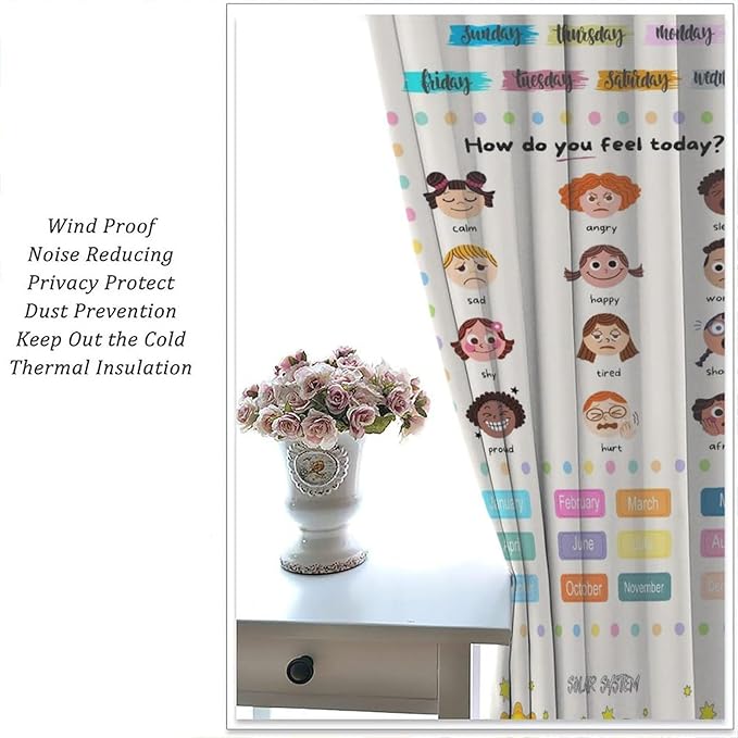 Kids Educational Alphabet Cartoon Curtain Solar System Shapes Cute Knowledge Printed Rod Pocket Blackout Window Drapes for Todders Nursery Baby Bedroom Living Room 55" W X 63" L