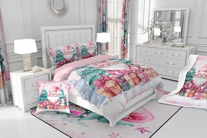 Feelyou Pink Christmas Comforter Set All Season Santa Claus Bedding Set with 2 Pillow Cases Cute Snowflake Kids Full Bedclothes Merry Christmas Tree and Snowman Decor Duvet Quilt Soft