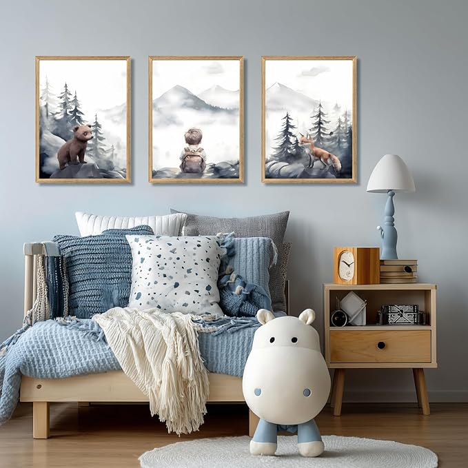 Cyebmo Woodland Boy Nursery Wall Art Set of 3, Whimsical Boy Adventure Wall Decor, Mountain Forest Animal Bear Fox Canvas Painting for Classroom Kids Room Baby Nursery Wood Framed 16"x24"x3
