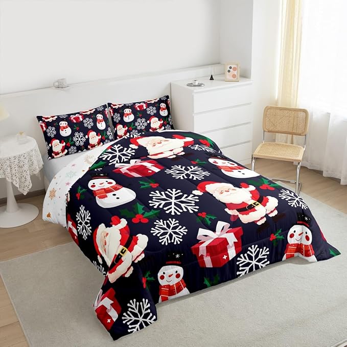 jejeloiu Merry Christmas Comforter Set Twin Size Xmas Santa Claus Bedding Set for Kids Boys Girls Cute Snowman Duvet Quilt Dark Blue Bedroom Decor