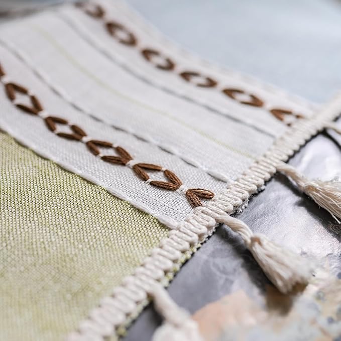 Deeprove Boho Linen Curtains 84 inch for Bedroom Living Room, Semi Blackout Textured Farmhouse Tassels Window Treatment Bohemian Embroidery Drape Rod Pocket 1 Panel 52" W x 84" L, Blue and Sage Green
