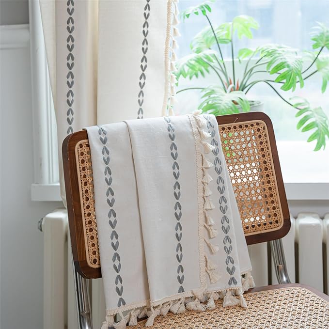 Deeprove Light Gray Boho Curtain 84 inches Long for Bedroom, Vintage Privacy Bohemian Embroidery Farmhouse Cotton Striped Linen French Country Tassel Window Treatments Decor, W52 x L84, 1 Panel