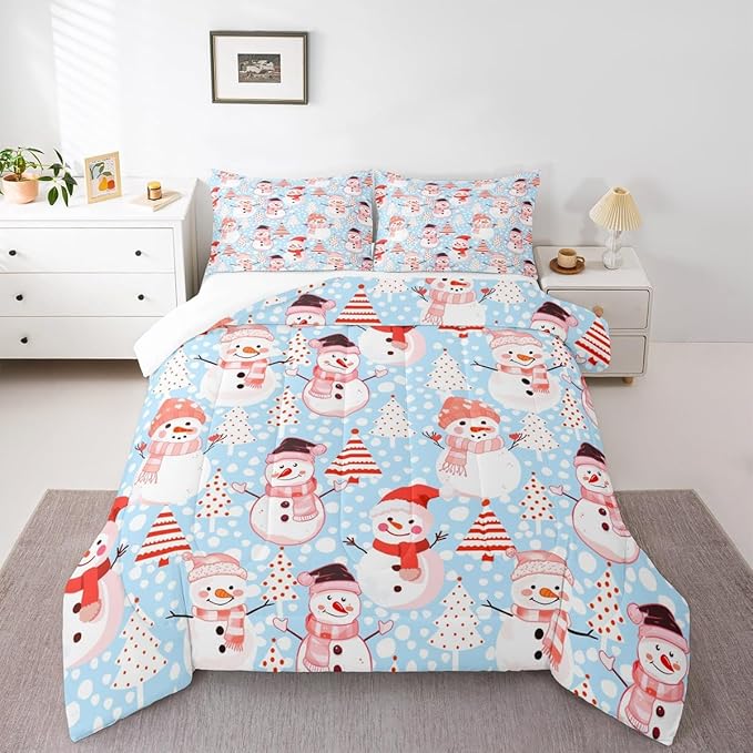Manfei Christmas Comforter Set King Size, Snowman and Xmas Trees Bedding Set 3pcs for Kids Girls Adults Bedroom Decor, New Year Blue Down Comforter Soft Polyester Quilt Set with 2 Pillowcases