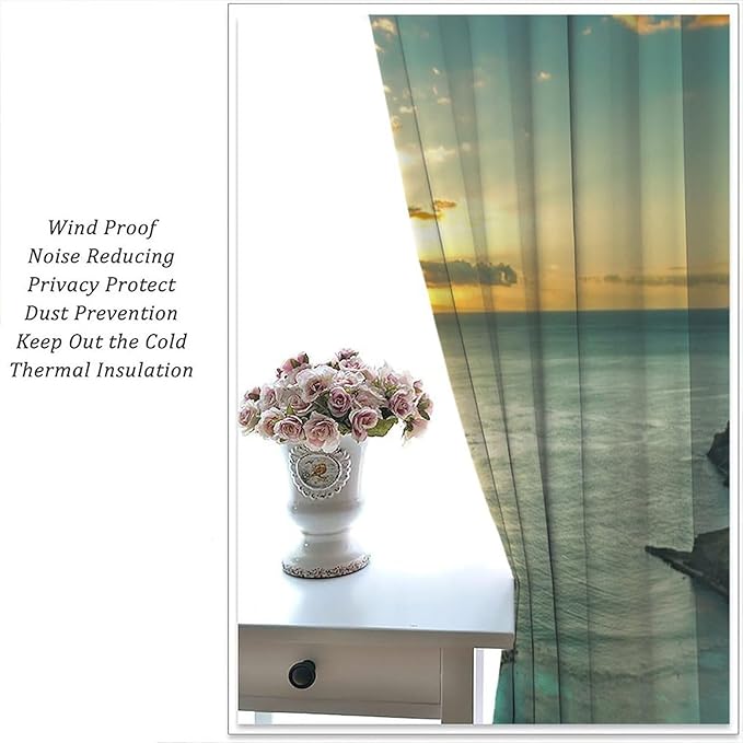 BAEKJIN Ocean Beach Curtains,OceanMorning Sunrise Hawaiian Seaside Scene Pattern Print Decor Home Bedroom Living Room Window Treatments 2 Panel Set 42x45 Inch