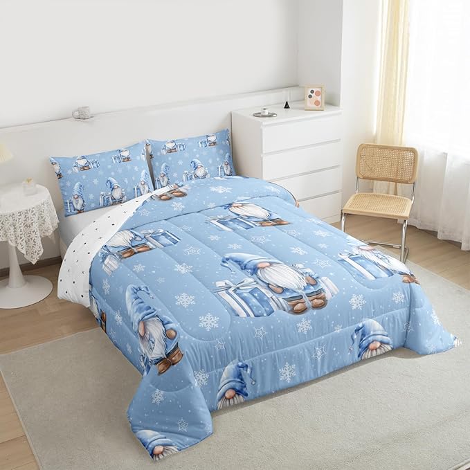 Feelyou Blue Christmas Comforter Set Toddler Size Scandinavian Christmas Santa Gnomes Bedding Set for Kids Boys Girls Xmas Snowflake Duvet Quilt Bedroom Decor 2 Pcs with 1 Pillow Cases