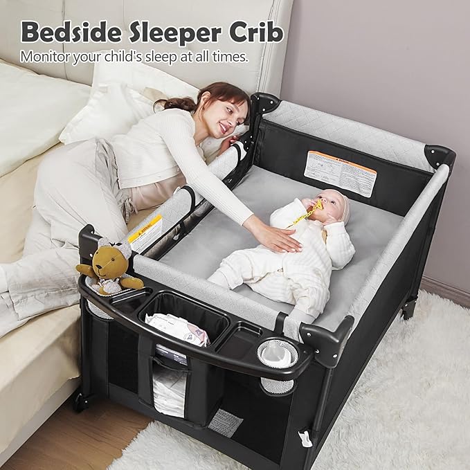 4 in 1 Baby Bassinet Bedside Crib with One-Hand Setup & Waterproof Mattress – ASTM-Certified Pack and Play, Portable Foldable Playard with Diaper Changer for Newborn to Toddler(Black)
