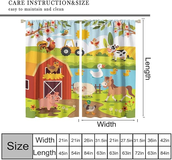 Farmhouse Curtains, Farm Scene Cartoon Animals Pattern Window Treatments, Rod Pocket Thermal Insulated Drapes 2 Panel Sets for Children Boys Bedroom Nursery Classroom, 42" W X 45" L【Decor】