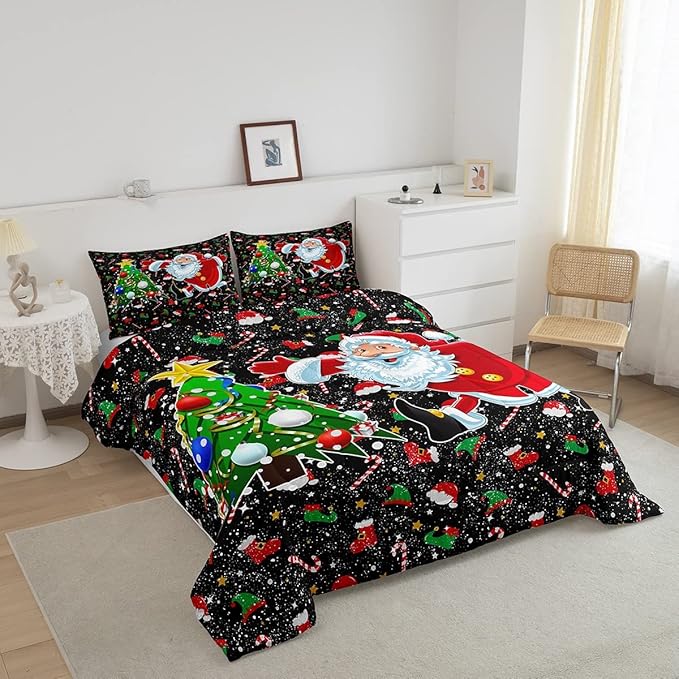 Feelyou Merry Christmas King Size Comforter Set Santa Claus Christmas Tree Galaxy Red Black Bedding Quilt for Girls Boys Kids 1 Comforter + 2 Pillow Cases