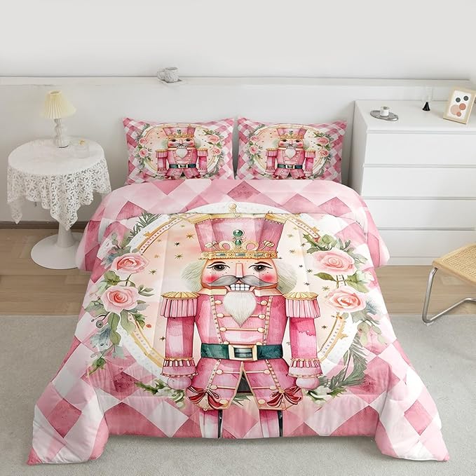 Feelyou Christmas Comforter Set All Season Pink Nutcrackers Bedding Set with 2 Pillow Cases Rose Kids Full Bedclothes Floral Bedroom Decor Funny Nutcracker Duvet Quilt Breathable Soft Lightweight