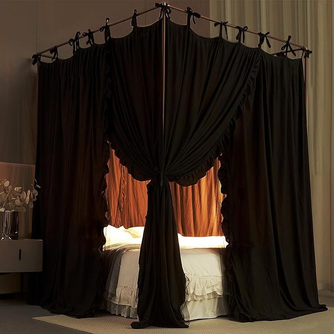 4 Corners Post Princess Curtain Bed Canopy Double Layer Cozy Mosquito Net Mesh and Cloth for Girls Adults Bedroom Decoration (Double-Black/Black, 59" W*82" L*82"*H/(Queen))