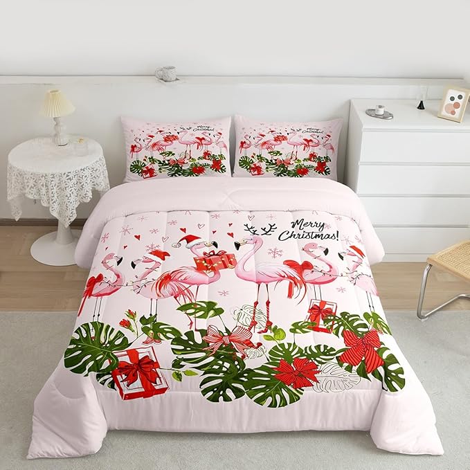 Merry Christmas Comforter Set Twin Size,Pink Flamingo Cartoon Bird Animal Bedding Set for Kids Boys Men,Winter Snowflake Green Leaves Quilted Duvet Set with 1 Pillowcase