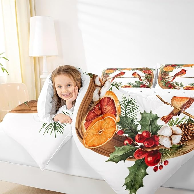 jejeloiu Kids Red Cardinal Comforter Set Queen Size Christmas Theme Bedding Set for Boys Girls Teens Xmas Birds Animal Lemon Winter Wood Duvet Quilt Room Decor