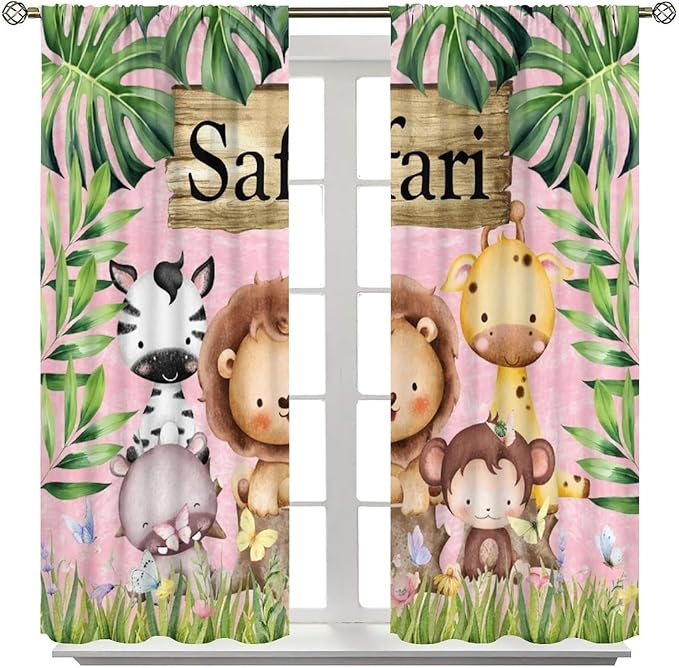 Kids Safari Animals Curtains, Cartoon Wildlife Tropical Leaf Pink Window Treatments, Rod Pocket Thermal Insulated Drapes 2 Panel Sets for Bedroom Nursery Classroom, 42" W X 45" L