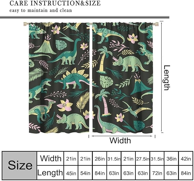 Dinosaurs Blackout Curtains Cartoon Cute Funny Dino Tropical Jungle Green Art Print for Kids Boys Bedroom Living Room Rod Pocket Decoration Window Drapes 2 Panels W21xL45in