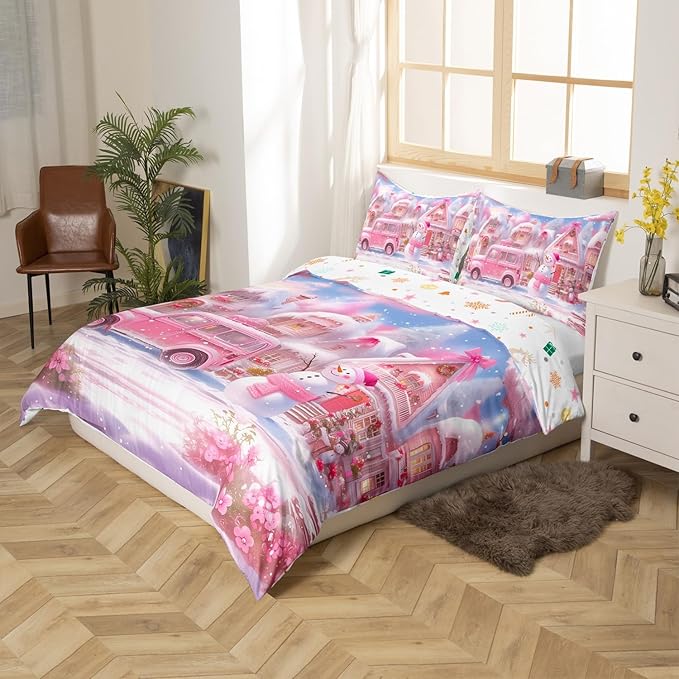 Manfei Christmas Duvet Cover Set King Size, Pink Truck Flower Snowman Bedding Set for Kids Girls Room Decor, New Year Theme Comforter Cover, Lightweight Bedspread Cover, 2 Pillowcases, No Comforter