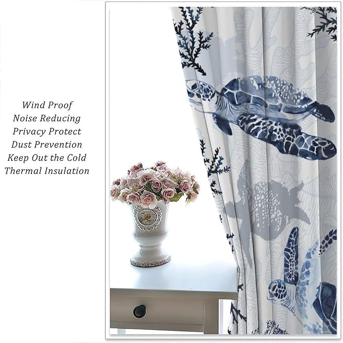 Coastal Nautical Curtains, Turtle Beach Sea Seashell Theme Pattern Blackout Print Home Bedroom Living Room Window Treatmen 2 Panel Set 52x84 Inch