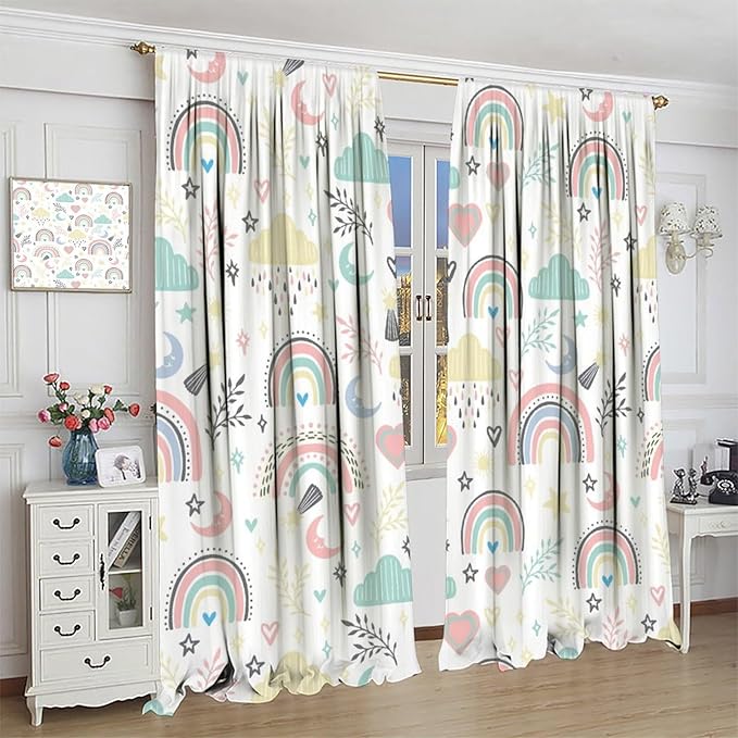 Boho Rainbow Curtains for Kids Nursery Colorful Floral Sun Star Clouds Pastel Bohemian Pattern Print Window Drapes for Girl Bedroom Living Room Kitchen Decor,2 Panel Set,84Wx84H Inch Blackout