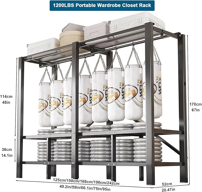 FPIGSHS Heavy Duty Clothes Rack with Cover Foldable Covered Clothes Rack for Hanging Clothes portable Wardrobe Closet System Freestanding Coat Storage Garment Racks for bedroom (grey, 95in)