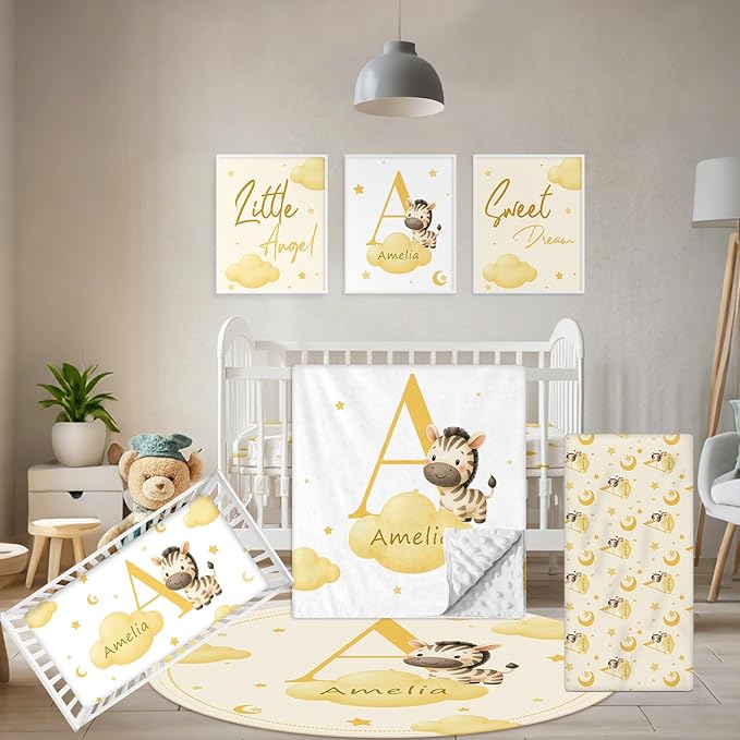 Personalized Baby Crib Bedding Set, 5 Pcs Custom Name Nursery Bedding Set, Yellow Zebra Baby Bedding Set for Girls Boys, Double Layer Crib Sets, Customized Gifts for Toddler Infant New Parents