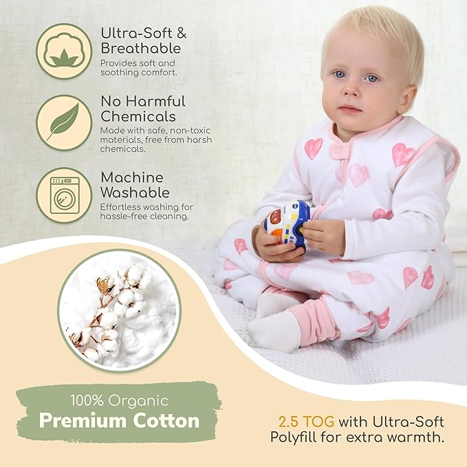 Mama Cheetah Toddler Sleep Sack with Feet, 6-18 Month, 2.5 TOG Organic Cotton Baby Sleeping Bag with Legs, Baby Wearable Blankets for Walkers w/ 2-Way Zipper, Baby Sleep Sack for Girls & Boys, Small