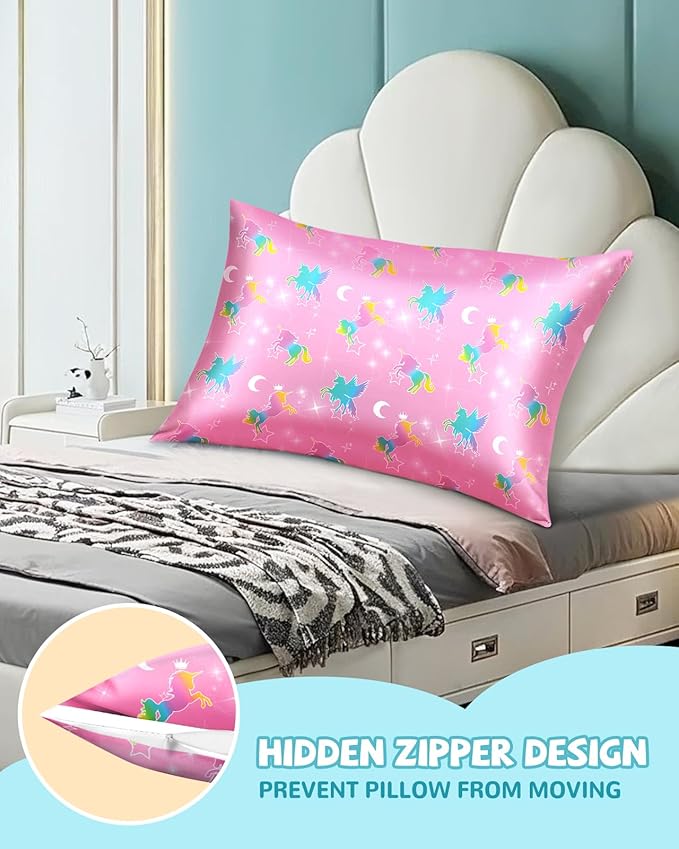 Silk Pillowcase for Kids - 30 x 20 Inches Queen Size Mulberry Silk Pillow Case with Zipper Cute Cartoon Kawaii Teens Girls Boys Pillowcase for Hair and Skin, Colorful Unicorn
