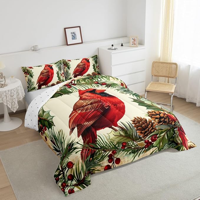 jejeloiu Kids Red Cardinal Comforter Set Full Size Christmas Tree Green Plants Bedding Set for Boys Girls Teens Xmas Birds Animal Winter Happy New Year Duvet Quilt Room Decor