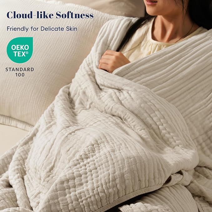 PHF Cooling Muslin Blanket Twin Size 60"x80", 6-Layer Lightweight Gauze Blanket Made from 35% Rayon Derived from Bamboo & 65% Cotton, Breathable & Ultra Soft Cozy, Aesthetic Home Decor, French Oak