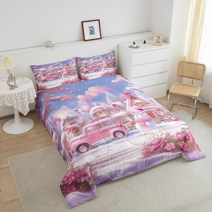Manfei Christmas Comforter Set Full Size, Pink Truck Flower Snowman Bedding Set for Kids Girls Room Decor, New Year Theme Down Comforter, Lightweight Duvet Insert, 2 Pillowcases