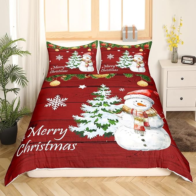 Manfei Christmas Duvet Cover Set King Size, Cute Snowman Tree Print Comforter Cover with 2 Pillowcases, New Year Theme Rustic Style Xmas Bedding Set 3pcs for Kids Boys Girls Bedroom Decor,No Comforter