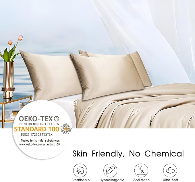 100% Mulberry Silk Pillowcase with Hidden Zipper,Both Sides Pure Silk Breathable Pillow Case for Hair and Skin,19 Momme Grade 6A,1pc,Beige,Queen Size 20x30 Inches