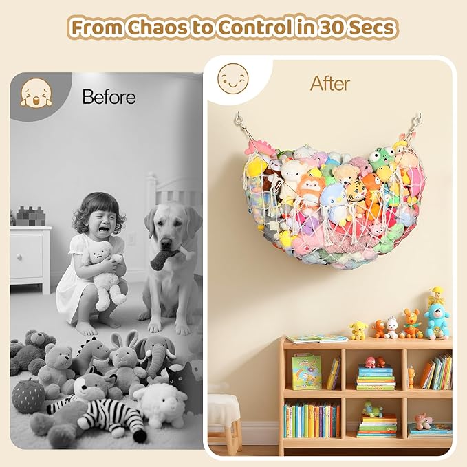 Yecaye 60 IN Stuffed Animal Hammock, Hanging Stuffed Animal Storage with Handmade Macrame Tassels, Net for Stuffed Animals Corner Large for Nursery Living Room Wall Decoration, Cream White