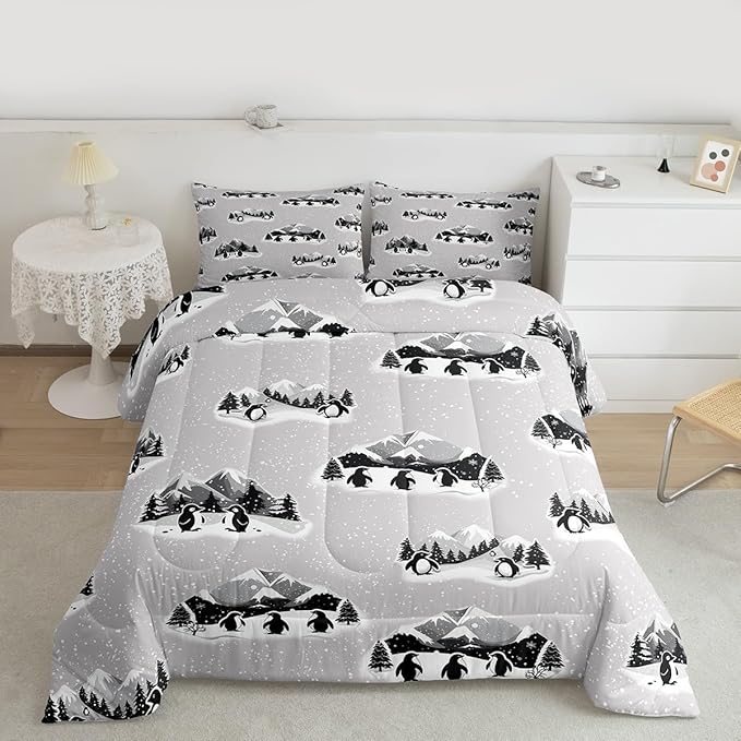 Feelyou Christmas Kids Comforter Set King Size Polar Penguin Bedding Set Snowflake Duvet Quilt for Kids Boys Girls Bedroom Winter Decor Microfiber Ultra Soft Breathable