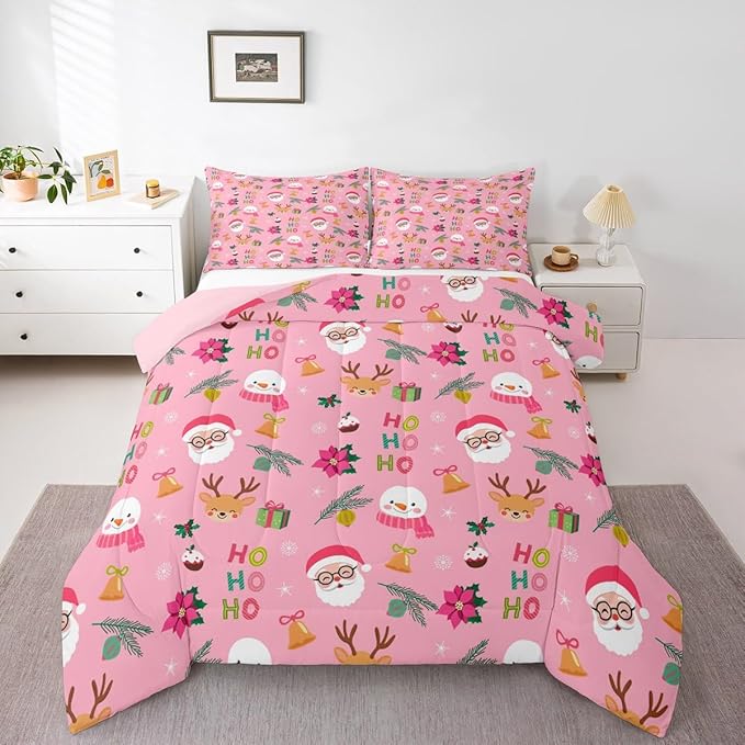 Feelyou Santa Claus Comforter Set Twin Size Xmas Bedding Set for Kids Boys Girls Christmas Decor Duvet Quilt Happy New Year Bedroom Decor Microfiber 2 Pcs with 1 Pillow Cases