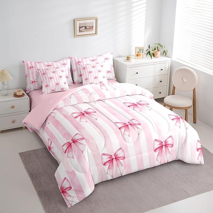 7 Pieces Pink Bowknot Kids Comforter Full,Bow Tie Geometric Stripe Bedding Set,Butterfly Knot Princess Style Fashion Pink Romantic（Comforter+Fitted+Flat Sheet+2 Pillowcases+2 Throw Pillow Covers）