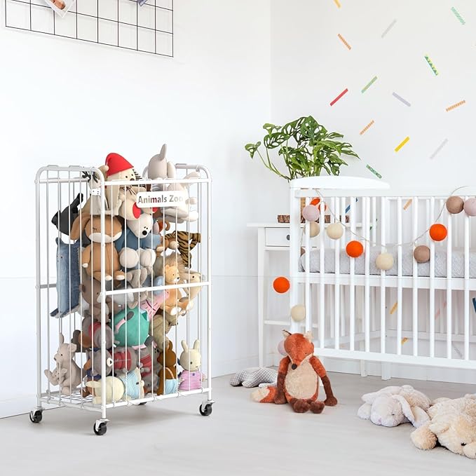 250L Stuffed Animal Organizer Plush Toy Storage Organizer Toy Storage Basket, Kids Toy Storage Bins with Wheels, Metal Frame and Elastic Cord Design, Suitable for Storage of Any Stuff