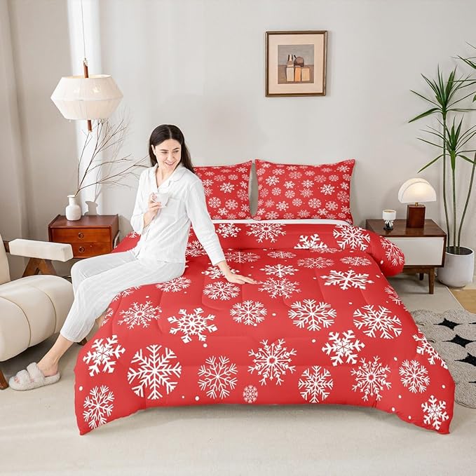 Feelyou Christmas Comforter Set All Season Winter Snowflake Bedding Set with 1 Pillow Cases Xmas Festival Microfiber Kids Twin Bedclothes Snowflake Red Bedroom Decor Duvet Quilt Breathable Soft