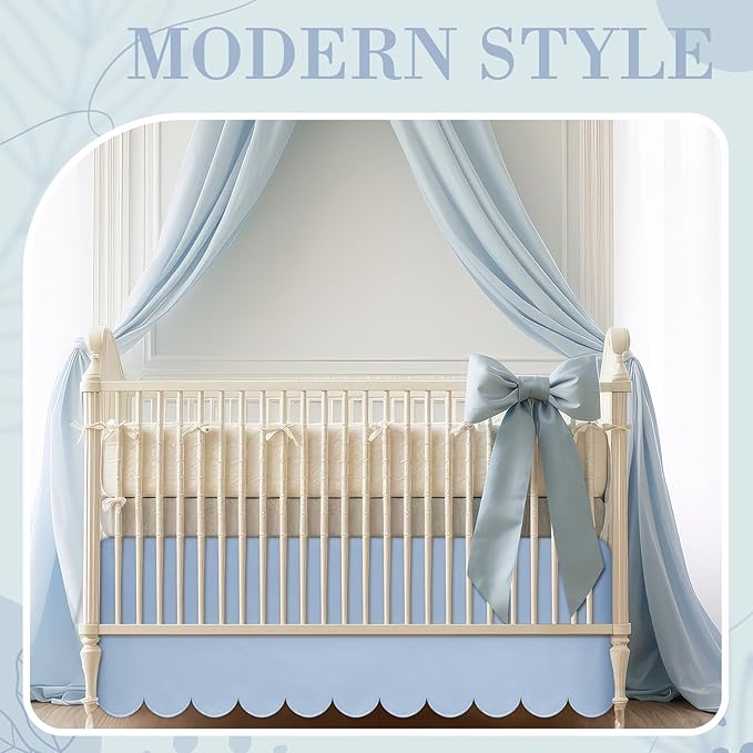 Blue Scalloped Crib Skirt 28"x 52" with 14" Drop Pleated Dust Ruffle with Split Corners for Baby Boys Girls Soft 4-Sided Crib Bed Skirt Nursery Standard Toddler Bedding