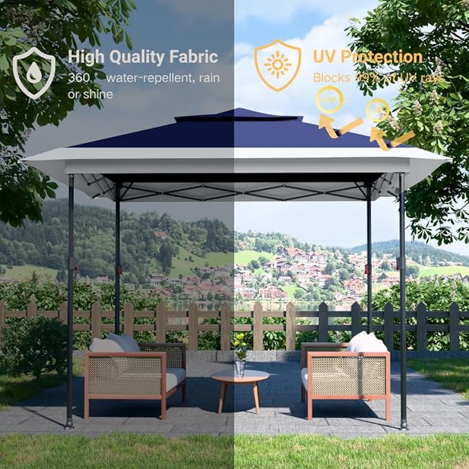 Kingdura 13x13 Pop Up Canopy, Easy Setup Canopy Tent, Double Roof Outdoor Patio Shelter Sun Shade with 4 Sand Bags, 3 Adjustable Height for Patio Furniture, Party, Wedding, Outdoor Dining (Blue)